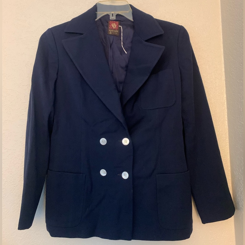 Anne Klein Pure Wool Blazer Jacket Navy Blue Size 12 Vintage